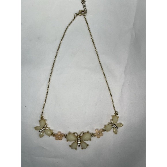 Gold Tone Rhinestones Butterfly Flowers‎ Statement Necklace - Picture 7 of 9